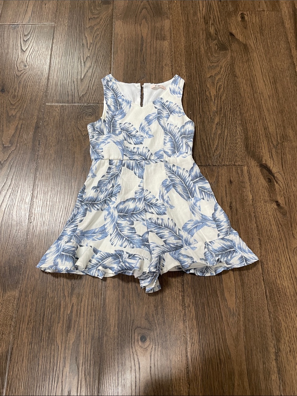 miami White Romper with Blue Leaf Print